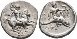 CALABRIA. Tarentum. Circa 315-302 BC. Didrachm or Nomos (Silver, 22 mm, 7.69 g, 10 h), Sa... and Her..., magistrates. Nude rider on horse galloping to...