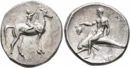 CALABRIA. Tarentum. Circa 302-280 BC. Didrachm or Nomos (Silver, 23 mm, 7.88 g, 7 h), Sa..., Philiarchos and Aga..., magistrates. ΣA - ΦΙΛΙ/APXOΣ Nude...