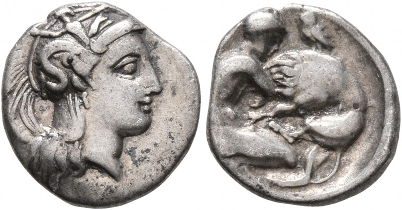 CALABRIA. Tarentum. Circa 325-280 BC. Diobol (Silver, 12 mm, 1.24 g, 1 h). Head ...