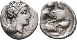 CALABRIA. Tarentum. Circa 325-280 BC. Diobol (Silver, 12 mm, 1.24 g, 1 h). Head of Athena to right, wearing crested Corinthian helmet adorned with Sky...