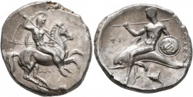 CALABRIA. Tarentum. Circa 302-290 BC. Didrachm or Nomos (Silver, 23 mm, 7.85 g, 9 h), Dai... and Phi..., magistrates. Nude rider on horse galloping to...
