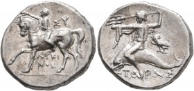 CALABRIA. Tarentum. Circa 272-240 BC. Didrachm or Nomos (Silver, 19 mm, 6.35 g, 6 h), Sy... and Lykinos, magistrates. Nude youth riding horse walking ...
