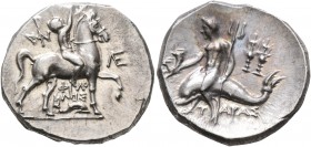 CALABRIA. Tarentum. Circa 240-228 BC. Didrachm or Nomos (Silver, 21 mm, 6.63 g, 5 h), Philokles, magistrate. Nude youth riding horse walking to right,...
