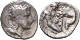 LUCANIA. Herakleia. Circa 432-420 BC. Diobol (Silver, 12 mm, 1.25 g, 5 h). Head of Athena to right, wearing crested Attic helmet decorated with a hipp...