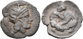 LUCANIA. Herakleia. Circa 432-420 BC. Diobol (Silver, 12 mm, 1.00 g, 7 h). Head of Athena to right, wearing crested Corinthian helmet adorned with a h...