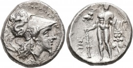 LUCANIA. Herakleia. Circa 281-278 BC. Didrachm or Nomos (Silver, 21 mm, 7.52 g, 4 h). HPAKΛEIΩN Head of Athena to right, wearing Corinthian helmet ado...