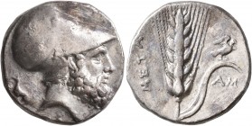 LUCANIA. Metapontion. Circa 340-330 BC. Didrachm or Nomos (Silver, 20 mm, 7.88 g, 3 h). [ΛEYKIΠΠOΣ] Bearded head of Leukippos to right, wearing Corint...