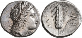 LUCANIA. Metapontion. Circa 330-290 BC. Didrachm or Nomos (Silver, 21 mm, 7.84 g, 1 h). Head of Demeter to right, wearing wreath of grain ears, triple...