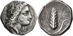 LUCANIA. Metapontion. Circa 330-290 BC. Didrachm or Nomos (Silver, 20 mm, 6.75 g, 1 h). Head of Demeter to right, wearing wreath of grain ears, triple...
