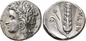 LUCANIA. Metapontion. Circa 330-290 BC. Didrachm or Nomos (Silver, 21 mm, 7.91 g, 1 h). Head of Demeter to left, wearing wreath of grain ears, triple ...