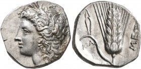 LUCANIA. Metapontion. Circa 330-290 BC. Didrachm or Nomos (Silver, 20 mm, 7.94 g, 7 h). Head of Demeter to left, wearing wreath of grain ears, triple ...