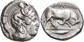 LUCANIA. Thourioi. Circa 410-400 BC. Distater (Silver, 26 mm, 15.78 g, 4 h). Head of Athena to right, wearing helmet adorned, on the bowl, with Skylla...