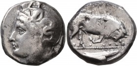 LUCANIA. Thourioi. Circa 400-350 BC. Distater (Silver, 24 mm, 15.66 g, 5 h). Head of Athena to left, wearing helmet adorned, on the bowl, with Skylla ...