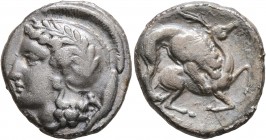 LUCANIA. Velia. Circa 440/35-400 BC. Didrachm or Nomos (Silver, 21 mm, 7.38 g, 1 h). Head of Athena left, wearing laureate and crested Attic helmet; b...