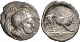 LUCANIA. Velia. Circa 340-334 BC. Didrachm or Nomos (Silver, 24 mm, 7.42 g, 3 h). Head of Athena to right, wearing crested Attic helmet adorned with a...