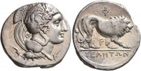 LUCANIA. Velia. Circa 340-334 BC. Didrachm or Nomos (Silver, 22 mm, 7.44 g, 4 h). Head of Athena to right, wearing crested Attic helmet adorned with a...