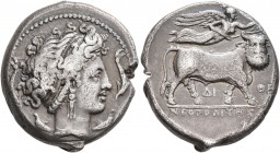 CAMPANIA. Neapolis. Circa 300 BC. Didrachm or Nomos (Silver, 20 mm, 7.23 g, 12 h). Diademed head of a nymph to right, wearing earring and necklace; ar...