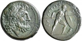 BRUTTIUM. The Brettii. Circa 211-208 BC. Drachm (Bronze, 21 mm, 7.82 g, 4 h). Laureate head of Zeus to right; behind, thunderbolt. Rev. BPETTIΩN Warri...