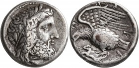 BRUTTIUM. Lokroi Epizephyrioi. Circa 400-350 BC. Didrachm or Nomos (Silver, 21 mm, 7.62 g, 1 h). Laureate head of Zeus to right; behind, thunderbolt. ...