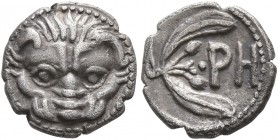 BRUTTIUM. Rhegion. Circa 415/0-387 BC. Litra (Silver, 10 mm, 0.76 g, 10 h). Facing head of a lion. Rev. PH within olive sprig. Herzfelder pl. XI, J. H...