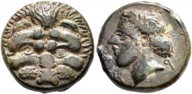 BRUTTIUM. Rhegion. Circa 351-280 BC. AE (Bronze, 14 mm, 3.00 g, 10 h). Facing head of a lion. Rev. P-H Laureate head of Apollo to left. Garrucci 31. H...