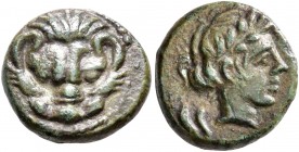 BRUTTIUM. Rhegion. Circa 351-280 BC. AE (Bronze, 12 mm, 2.09 g, 2 h). Facing head of a lion. Rev. [PHΓINΩN] Laureate head of Apollo to right; behind, ...