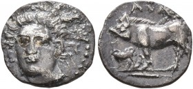 SICILY. Abakainon. Circa 410-390 BC. Litra (Silver, 10 mm, 0.58 g, 6 h). Female head facing slightly to left. Rev. ABA Sow and piglet standing left. B...