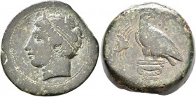 SICILY. Akragas. Circa 415-406 BC. Hemilitron (Bronze, 25 mm, 20.23 g, 4 h). AKPAΓAΣ Diademed and horned head of a river-god to left. Rev. Eagle stand...
