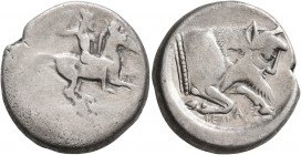 SICILY. Gela. Circa 490/85-480/75 BC. Didrachm (Silver, 21 mm, 8.36 g, 11 h). Nude bearded warrior riding horse to right, brandishing spear in his rig...