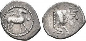 SICILY. Gela. Circa 465-450 BC. Litra (Silver, 12 mm, 0.69 g, 5 h). Horse standing right; above, wreath; to right, crescent. Rev. CEΛA Forepart of a m...