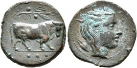 SICILY. Gela. Circa 420-405 BC. Tetras or Trionkion (Bronze, 17 mm, 3.75 g, 8 h). Bull standing right; above, olive branch; in exergue, three pellets ...