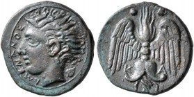 SICILY. Katane. Circa 415/3-404 BC. Tetras or Trionkion (Bronze, 14 mm, 1.64 g, 10 h). ΑΜΕΝΑΝΟΣ Horned head of the river-god Amenanos to left; behind,...