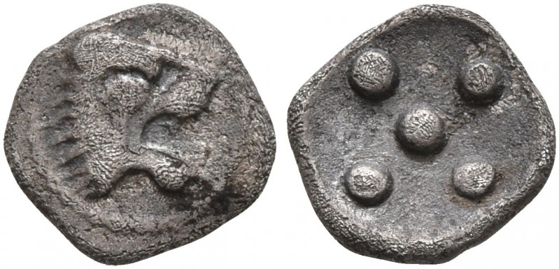 SICILY. Leontini. Circa 476-466 BC. Pentonkion (Silver, 7 mm, 0.22 g). Head of a...