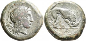 SICILY. Morgantina. Circa 339/8-317 BC. Litra (Bronze, 26 mm, 18.00 g, 4 h). MOPΓANTINΩN Head of Athena to right, wearing crested Attic helmet; behind...