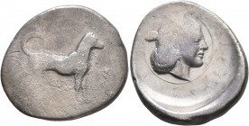 SICILY. Segesta. Circa 455/50-445/40 BC. Didrachm (Silver, 25 mm, 7.90 g, 5 h). The river-god Krimisos, in the form of a hunting dog, standing right. ...