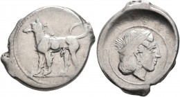 SICILY. Segesta. Circa 440/35-430/25 BC. Didrachm (Silver, 25 mm, 8.31 g, 10 h). The river-god Krimisos, in the form of a hunting dog, standing left. ...