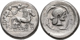 SICILY. Syracuse. Deinomenid Tyranny, 485-466 BC. Tetradrachm (Silver, 26 mm, 17.06 g, 7 h), circa 478-475. Charioteer driving quadriga walking to rig...