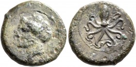 SICILY. Syracuse. Second Democracy, 466-405 BC. Hexas (Bronze, 14 mm, 2.60 g, 9 h), circa 410-405. Head of Arethusa to left, her hair bound in sphendo...