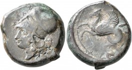 SICILY. Syracuse. Dionysios I, 405-367 BC. Litra (Bronze, 19 mm, 6.56 g, 2 h). ΣYPA Head of Athena to left, wearing Corinthian helmet. Rev. Hippocamp ...