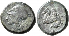 SICILY. Syracuse. Dionysios I, 405-367 BC. Litra (Bronze, 18 mm, 5.70 g, 10 h). ΣYPA Head of Athena to left, wearing Corinthian helmet. Rev. Hippocamp...