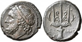 SICILY. Syracuse. Hieron II, 275-215 BC. AE (Bronze, 23 mm, 9.18 g, 4 h). Diademed head of Poseidon to left. Rev. IEP-ΩNOΣ Ornate trident head flanked...