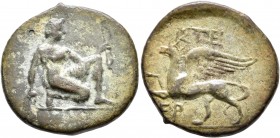 TAURIC CHERSONESOS. Chersonesos. Circa 320-310 BC. AE (Bronze, 21 mm, 6.11 g, 5 h), Istiei..., magistrate. Artemis Parthenos crouching to right, holdi...