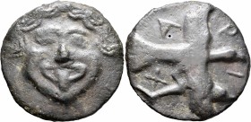 SKYTHIA. Olbia. Circa 437-410 BC. Cast unit (Bronze, 67 mm, 112.58 g, 1 h). Facing gorgoneion with protruding tongue. Rev. A-P-I-X Sea eagle standing ...