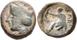 SKYTHIA. Olbia. Circa 360-350 BC. AE (Bronze, 13 mm, 2.49 g, 9 h). Turreted head of the city-goddess to left. Rev. OΛBIO Archer crouching left, drawin...