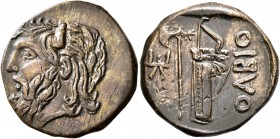SKYTHIA. Olbia. Circa 310-280 BC. AE (Bronze, 25 mm, 9.54 g, 9 h). Horned head of the river-god Borysthenes to left. Rev. OΛBIO Axe and bow in bowcase...