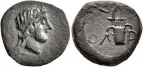 SKYTHIA. Olbia. Circa 90-80 BC. AE (Bronze, 14 mm, 1.88 g, 12 h). Laureate head of Apollo to right. Rev. OΛ-B[I] Bow in bowcase; to upper left and rig...