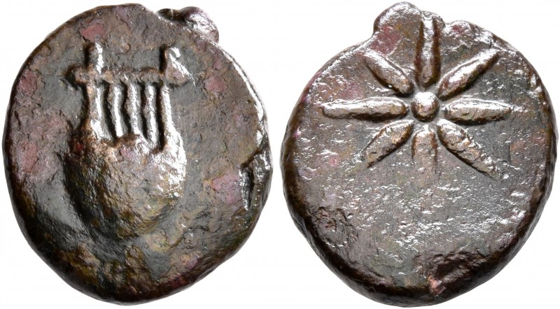 SKYTHIA. Olbia. Circa 80-70 BC. AE (Bronze, 15 mm, 2.38 g). Kithara. Rev. Star o...