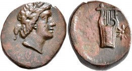 SKYTHIA. Olbia. Mid 1st century BC. AE (Bronze, 22 mm, 8.91 g, 12 h). Laureate male head to right, with the features of Asander. Rev. Kithara; to righ...
