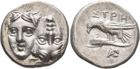 MOESIA. Istros. Circa 313-280 BC. Drachm (Silver, 20 mm, 5.70 g). Two facing male heads side by side, one upright and the other inverted. Rev. IΣTPIH ...