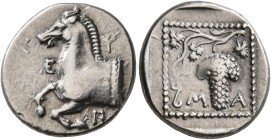 THRACE. Maroneia. Circa 377-365 BC. Tetrobol (Silver, 15 mm, 2.80 g, 12 h), Eup-, magistrate. Ε-Υ-Π Forepart of horse to left. Rev. M-A Grape bunch an...